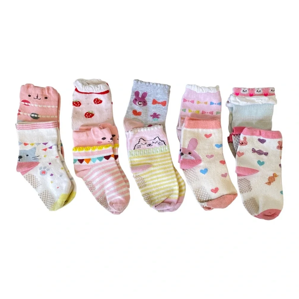 CUTE KAWAII Footies with Grippers Girls Toddler Kids Lot of 10 Pairs - Picture 2 of 3